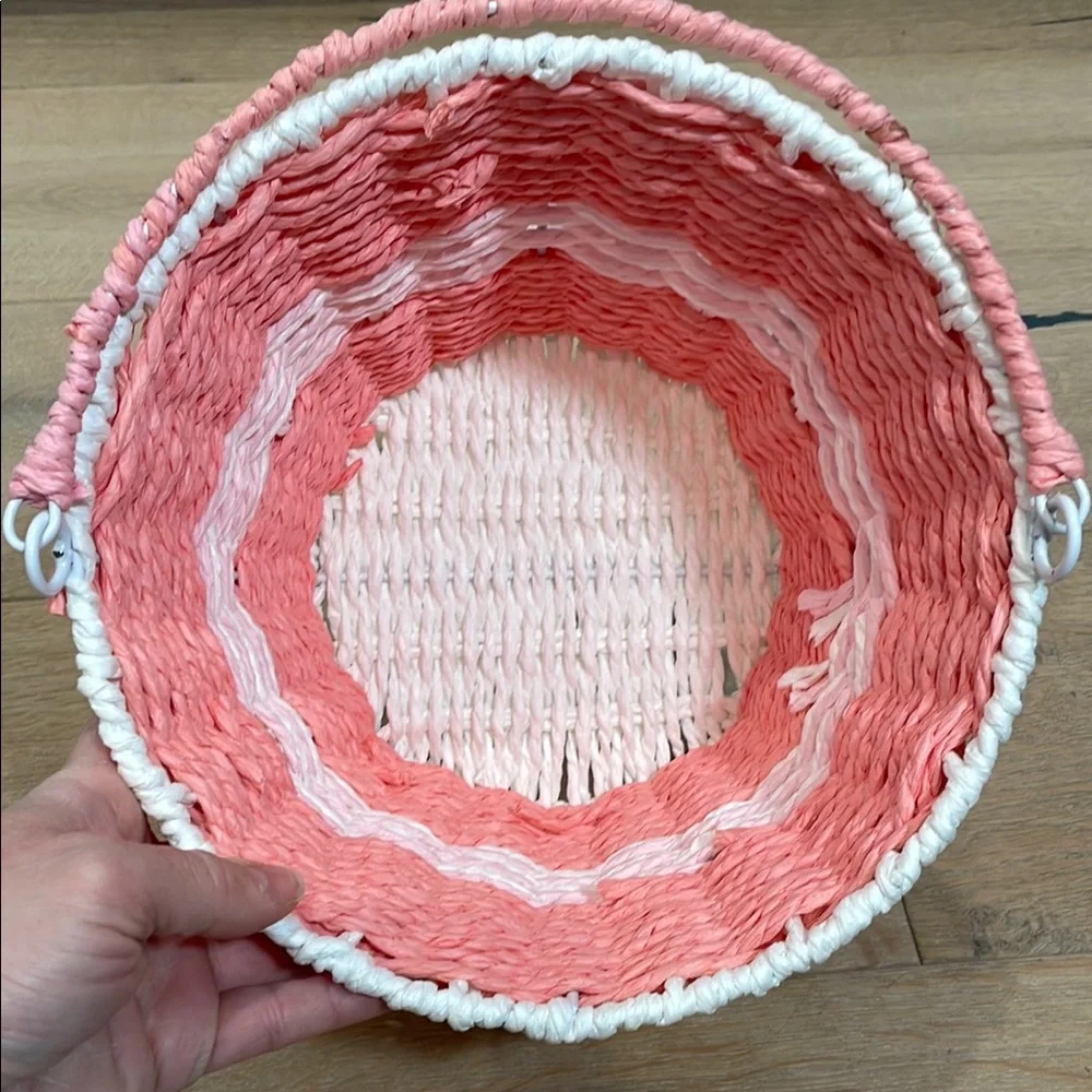Pink and White Woven Round Decorative Basket with Handle Small Storage